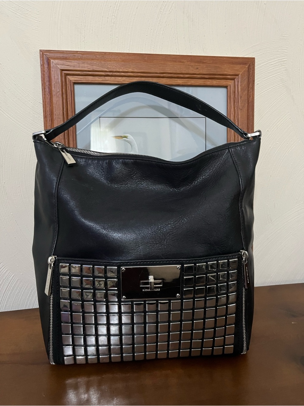 MICHAEL Michael Kors Black Shoulder Bag with Silver-Tone Stud Panel RARE